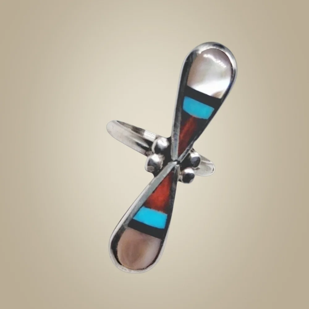 Zuni Sterling Silver Inlay Ring w/MOP, Coral, Turquoise & Onyx – Size 5.25